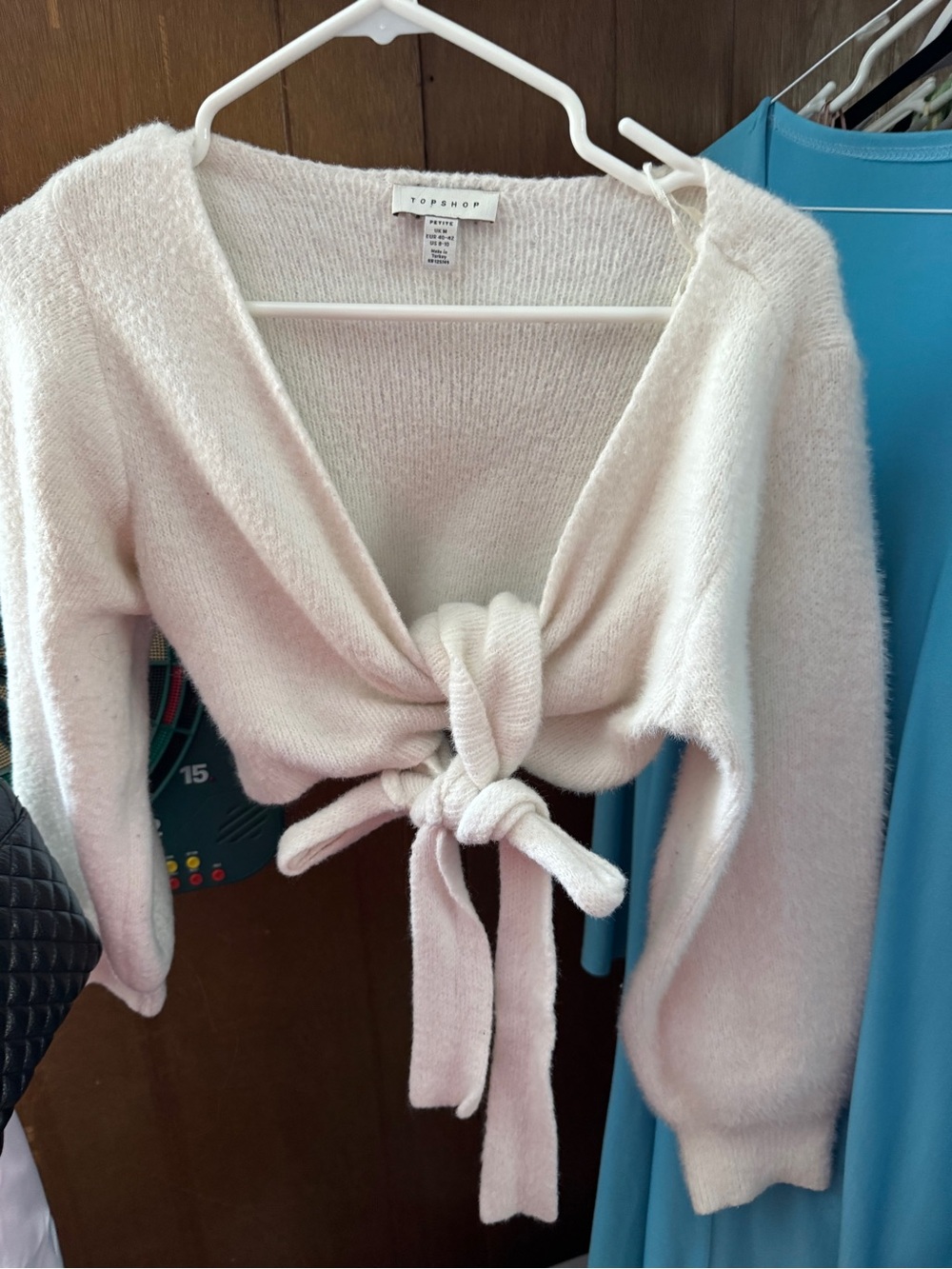 Topshop Cream Tie-Front V-Neck Sweater with Balloon Sleeves